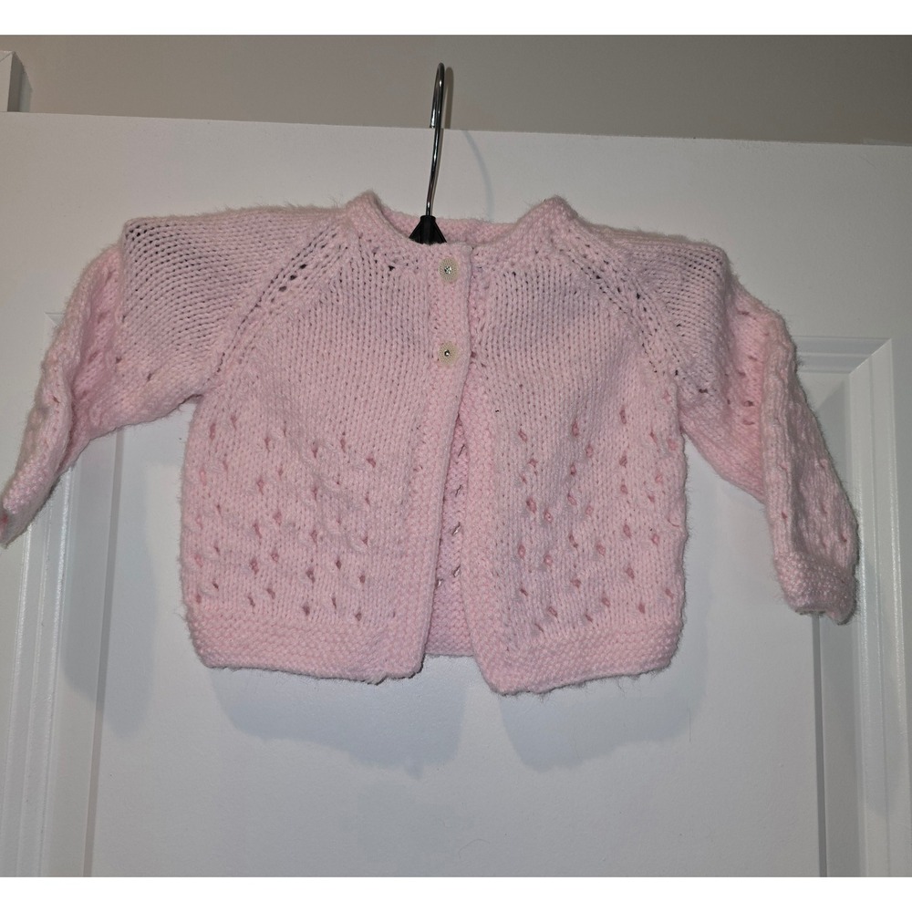 Handmade Baby Girl Pink Knit Cardigan Sweater Pointelle Button Front 12-24 mos - Picture 3 of 4
